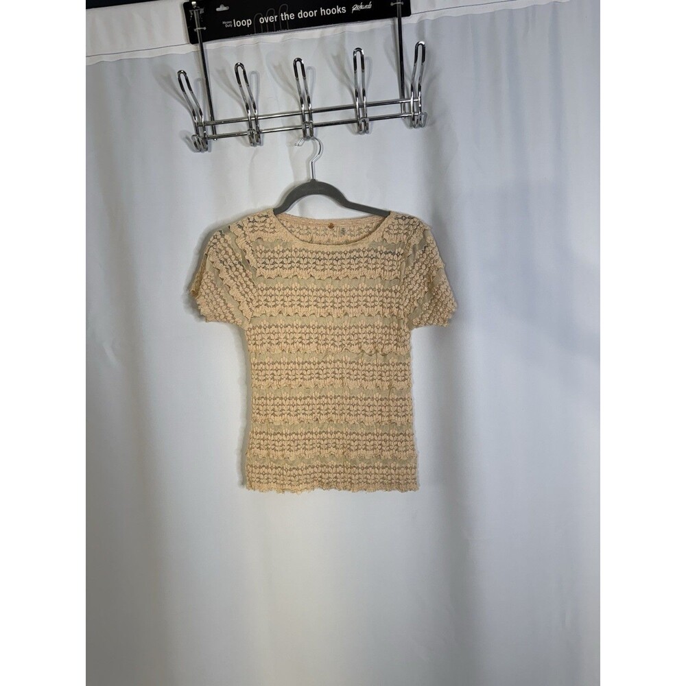 Free People FP One Lace Top Women M Blush Pink Crochet Sheer Boho Short Sleeve